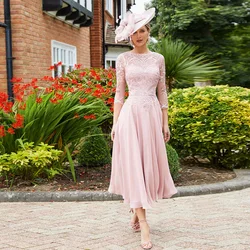 Customized Elegant Jewel 3/4 Sleeves Pink Mother's Party Dress Vintage Tea Length Mother of Groom Dresses Wedding Guest Gown Plu