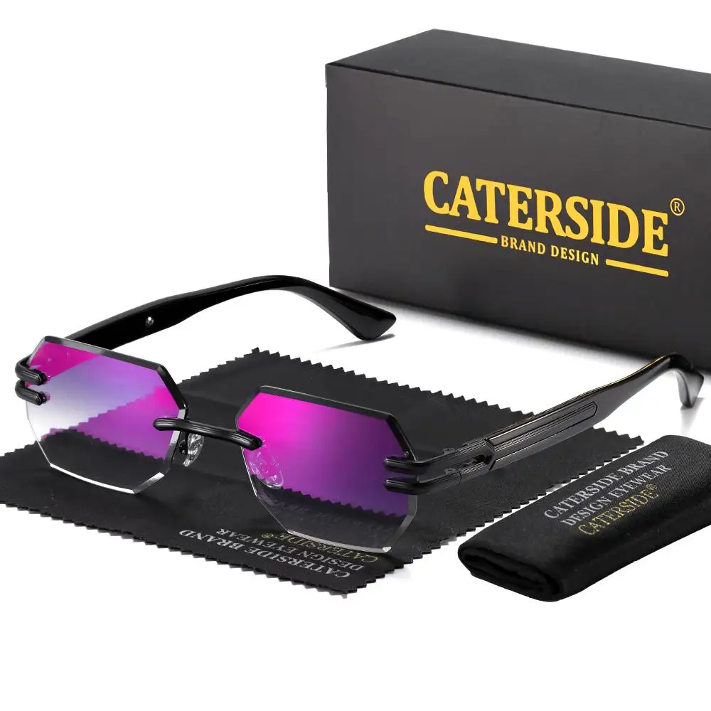 CATERSIDE Neue rahmenlose Sonnenbrille für Herren, modische polygonale Spiegellinsen mit Farbverlauf, Metallrahmen, Damen-Party-Sonnenbrille für den Außenbereich – Detail 17