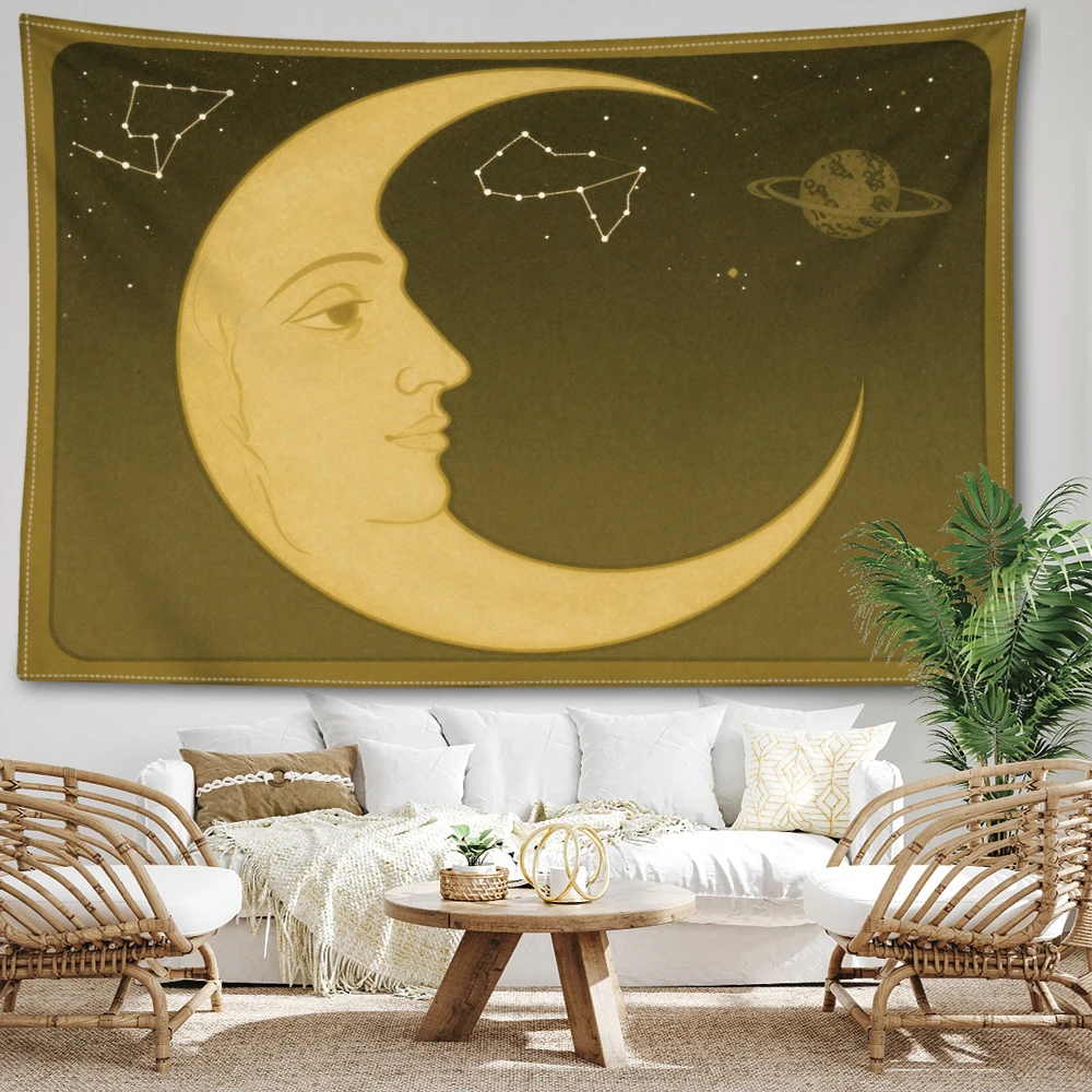 Brown Moon Face Constellation Planet Wall Tapestry, Cosmic Boho Decor
