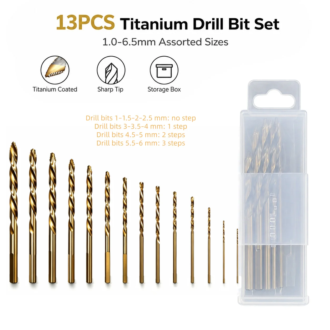 13Pcs Step Drill Bit Set 1-6.5mm With Gold Oxide Coating, Professional For Stainless Steel & Hard Metal
