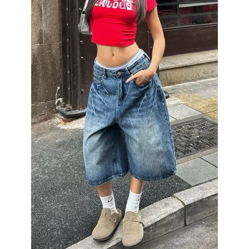 

Y2k Loose Washed High Waist Knee Length Denim Pants Streetwear Wide Leg Shorts Summer American Style Vintage Women Baggy Jeans