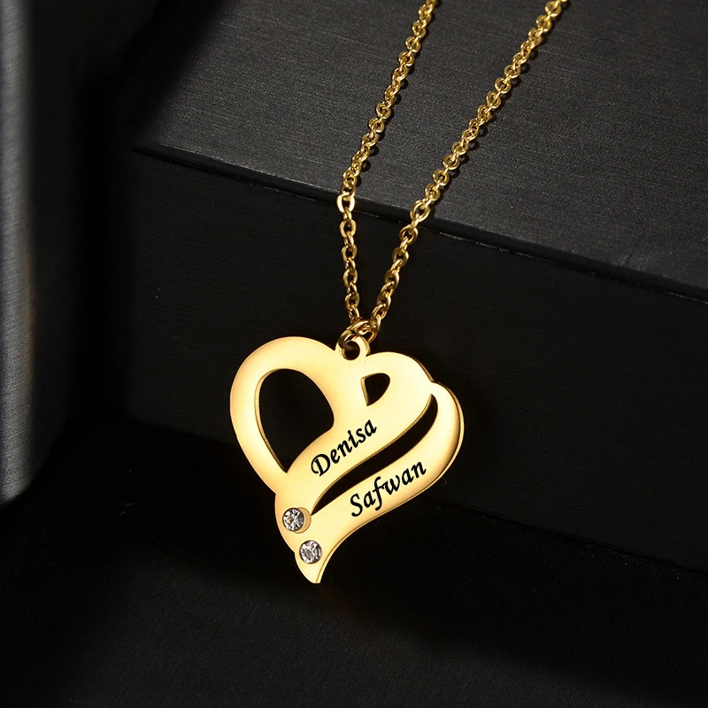 

Two Hearts Forever One Necklace with Engraved Name in 18K Gold Plating • Multiple Names Birthstone Necklace for Valentine's Day