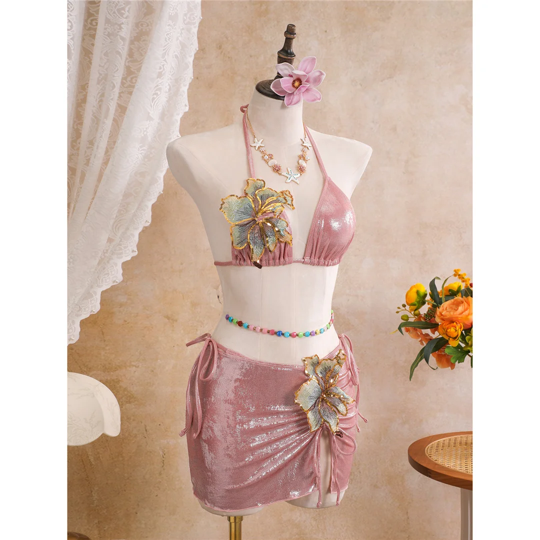 3D-Blumen mit Rock, Neckholder-Bikini, Damen-Badebekleidung, dreiteiliges Bikini-Set, gepolsterter Badeanzug, Badeanzug, Schwimmbekleidung V8368 – Detail 14