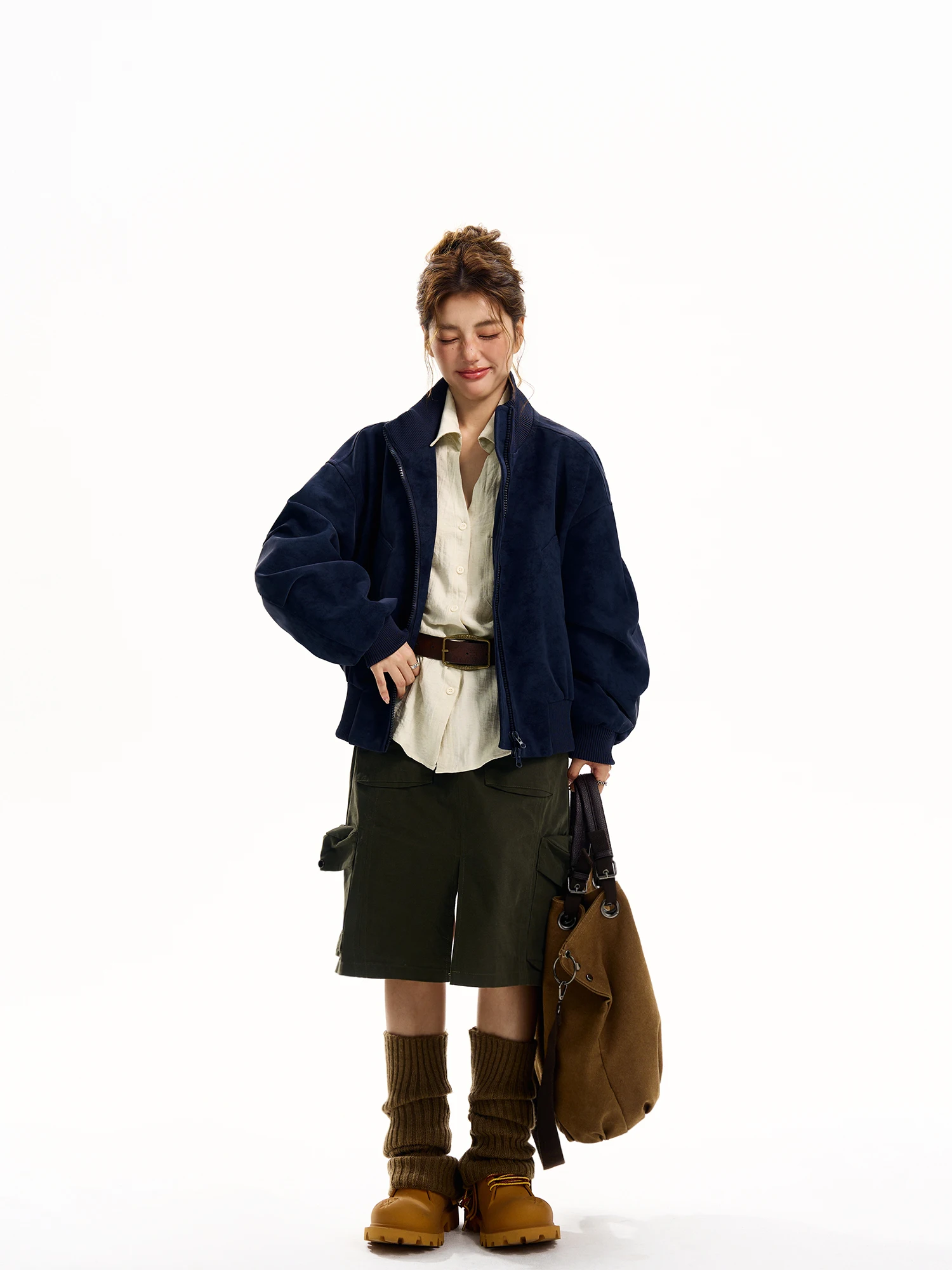 เสื้อโค้ทหนัง PU สีน้ำเงินฟอกทรงหลวม สไตล์ลำลองสำหรับผู้หญิง แบรนด์อเมริกันสุดเทรนดี้ รุ่น Kola พร้อมซิปยาว