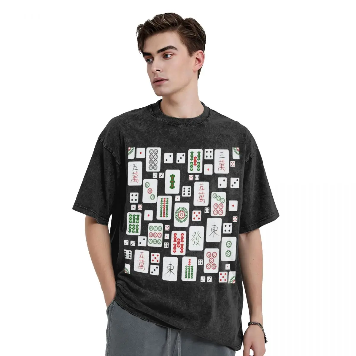 Mahjong Tiles Game Dice Washed T Shirts Vintage Short Sleeve Hip Hop T-Shirt Streetwear Tops Tees for Men Women