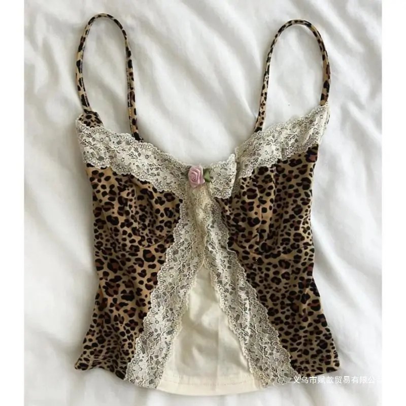 

Large Size American Retro Sexy Spice Girl Lace Splicing Leopard Print Skinny Sling Sling Vest Bottom Top