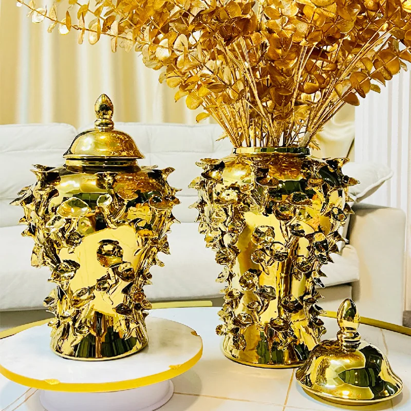 

Light luxury handmade pinched flowers electroplated gold ceramic general bottle living room dining
