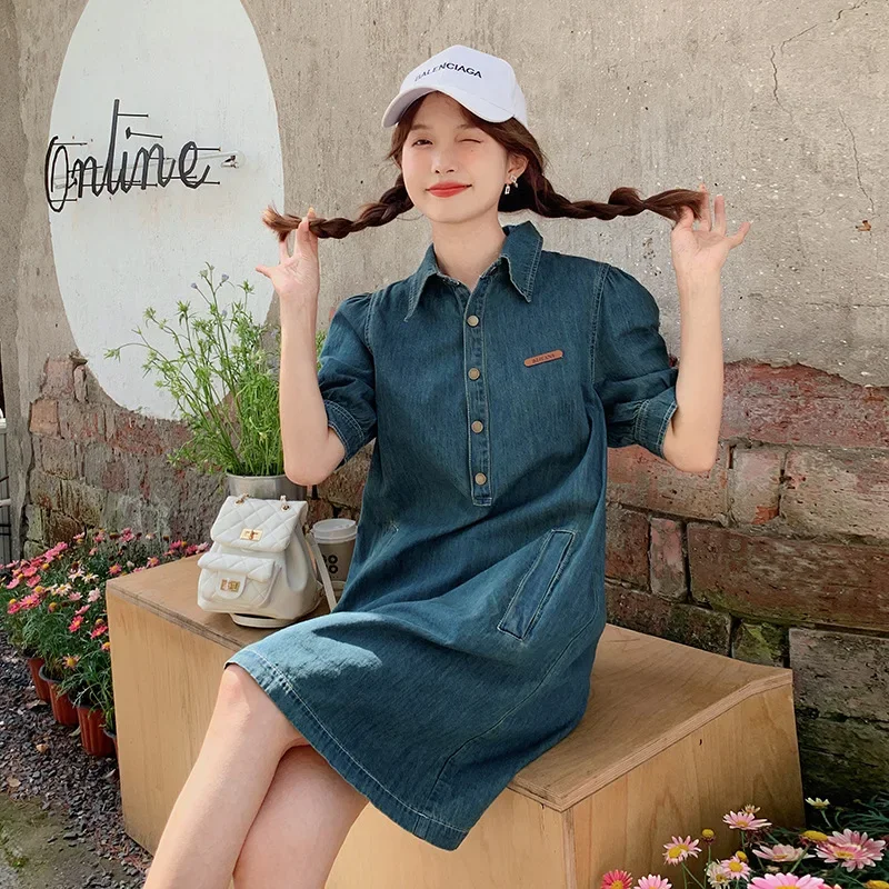 

Korean Fashion Harajuku Style Women Denim Dress Summer Polo Collar Puff Sleeve Loose Casual Teens Girls Jeans Blue Short Dress