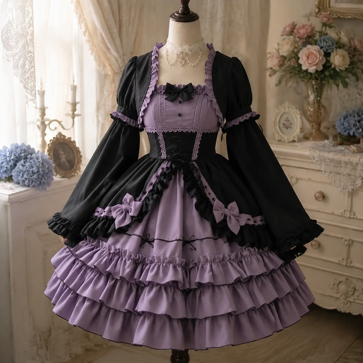 Japanisches klassisches Lolita-JKS-Kleid für Damen, Spitzenkleid mit Rüschen und Schleifenriemen, süßes Kawaii-Kleid für Freizeit, Geburtstag, Abendparty, A-Linien-Kleid