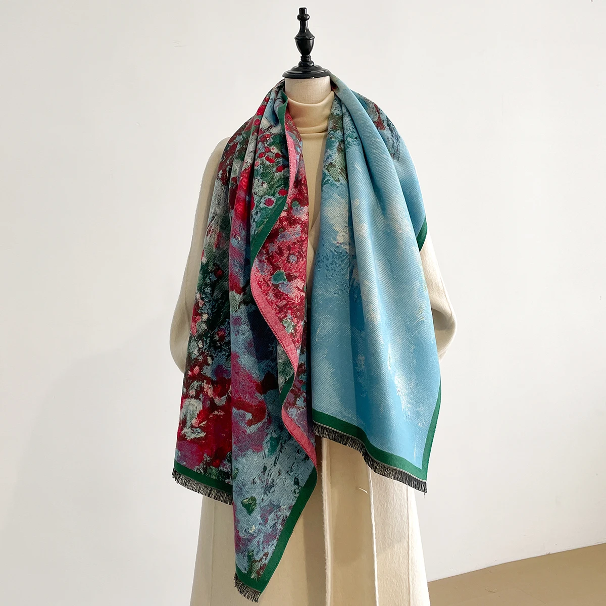 

Luxury Winter Cashmere Double-sided Design Scarf Women Warm Pashmina Blanket Poncho Scarves Female Oil painting Shawl Bufanda