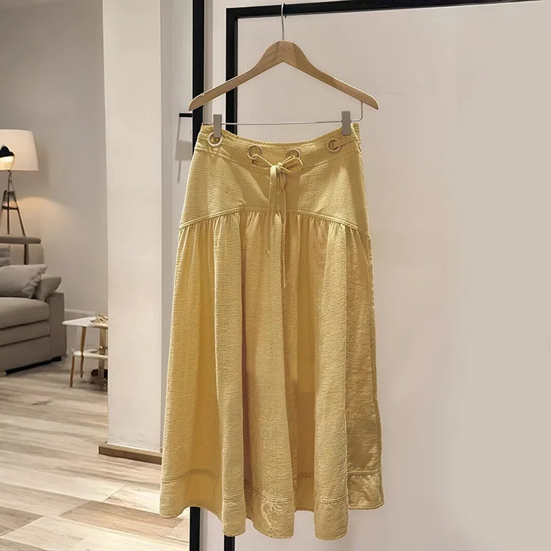 Withered 2026 Spring/summer Simple And Elegant Drawstring Waist Cinching A-line Pleated Versatile Skirt Solid Color Skirt
