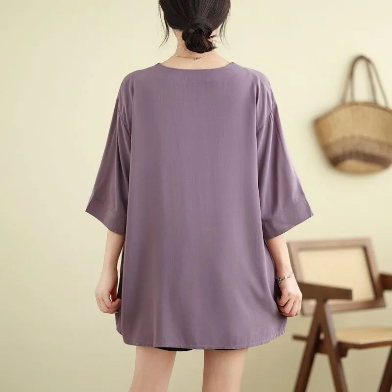 Pullover alla moda con scollo a V allentato da donna con scollo a V manica a cinque quarti tinta unita versatile semplice e confortevole top a mezza manica