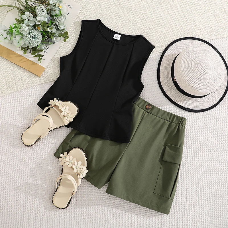 

Girls 8-12 Fashion Outfit, Sleeveless Peplum Top & Elastic Waist Cargo Shorts, Cool Versatile for Outdoor and Daily Wear