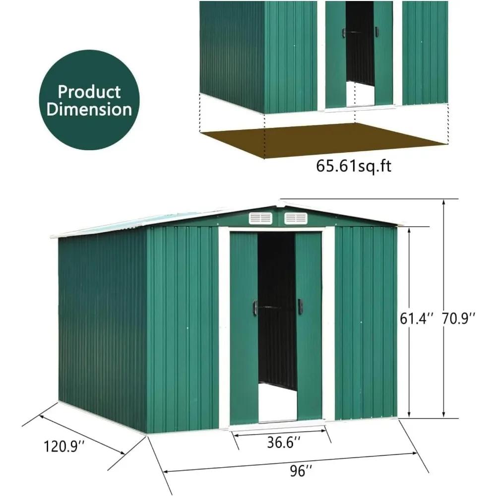 Abri de rangement extérieur en métal avec ouvertures de ventilation, 2 portes coulissantes, 10x8 pieds