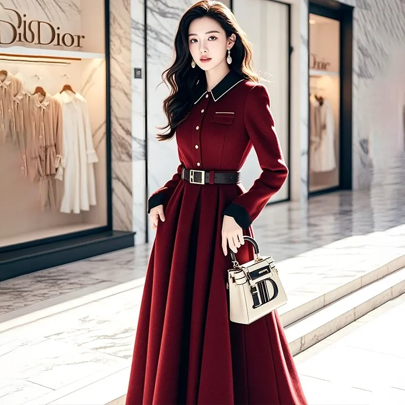 

French Wine Red Dress Women's Late Dresses Spring Autumn 2025 New Super Good-Looking Official Occasion Waisted Chic Long Dress
