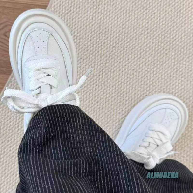 White Men Low Top Platform Sneakers Soft Faux Leather Lace Up Spring Autumn Outdoor Fashion Minimalist Daily Casual Shoes