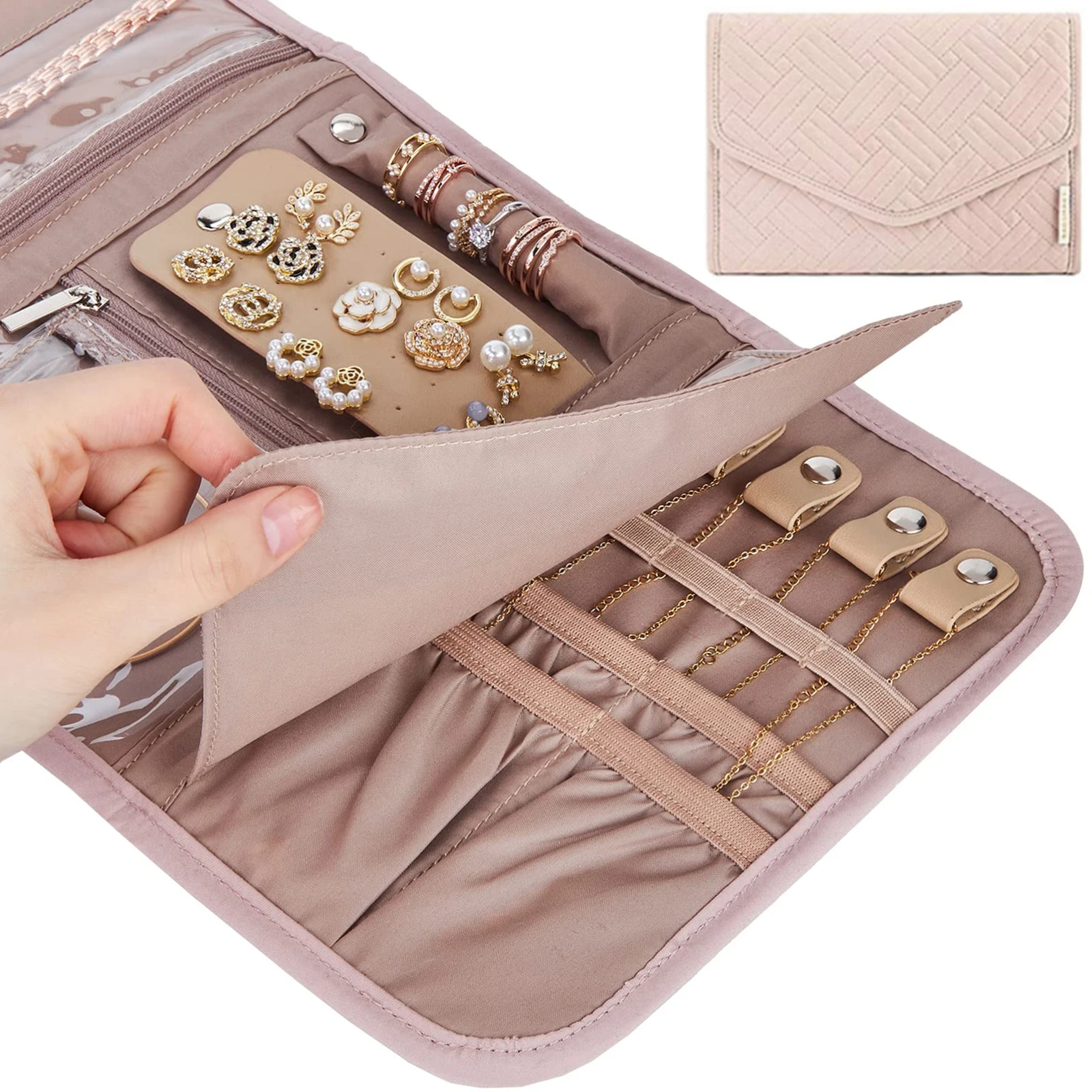 Estuche plegable para joyas, organizador portátil de viaje para pendientes, anillos, collares, broches, bolsa de almacenamiento