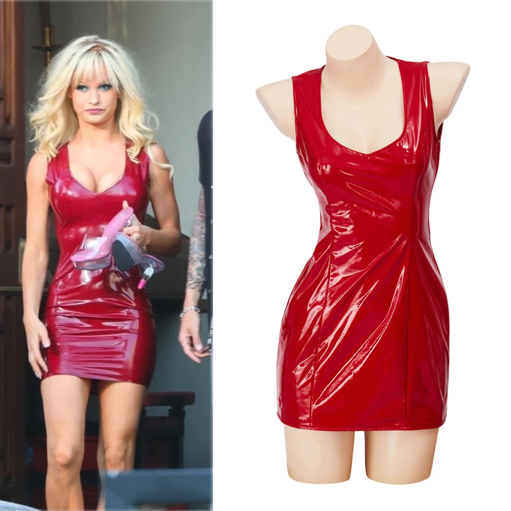 

Костюм для косплея пам и Томми Памела Андерсон красное платье без рукавов кожаная юбка женское сексуальное платье с U-образным вырезом Женский костюм на Хэллоуин