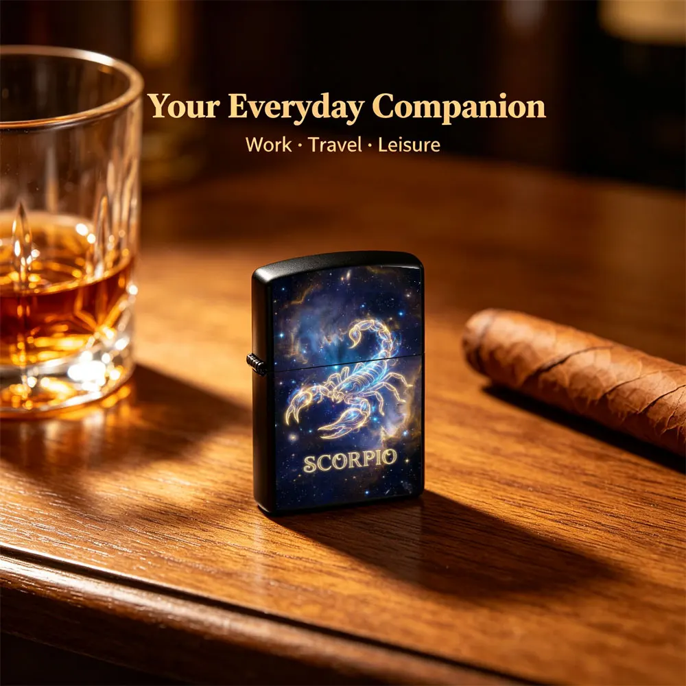Pocket Lighter, Flip-Top Windproof Design, Metal Case with Scorpion Graphic on Galaxy Background, Ergonomic Grip, Portable & Durable - Ideal for Daily Use