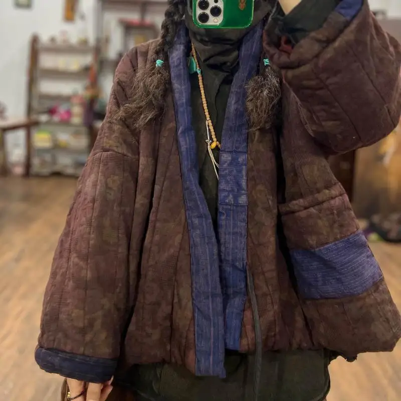 

Autumn Winter Women V-neck Lacing Open Stitch Padded Coat Thick Warm Cotton Linen Vintage Print Loose Jacket Good Quality