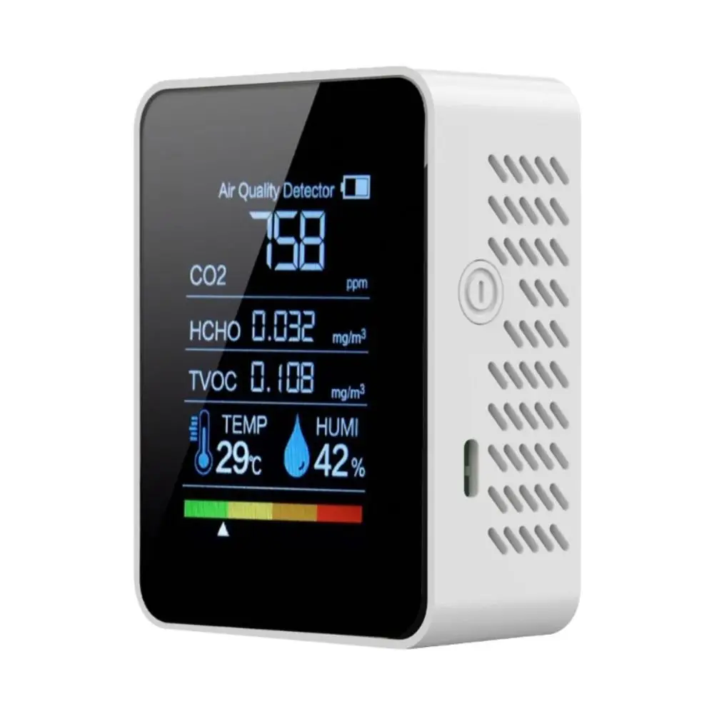 

Smart 5 in 1 Air Quality Detector LCD Large Screen Humidity Temperature HCHO CO2 TVOC Tester Black/White Indoor