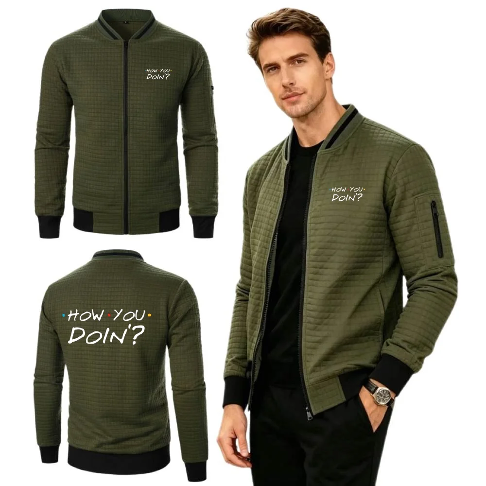 Simplicity Letter Print Jacket Office Mens Sweatshirts Baseball Collar Jersey Jacquard Waffle Coat HOW YOU DOIN Youth Streetwear