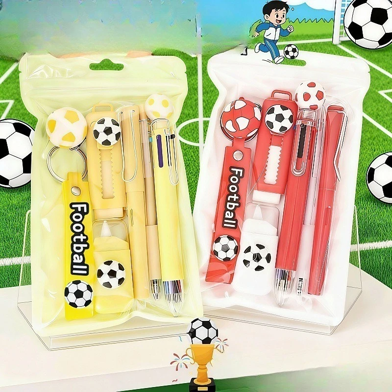 6pcs Football Theme Stationery Set 6-Color Pen Gel Pen Pencil Eraser Correction Tape & Keychain Kawaii Sports Gifts for Boys