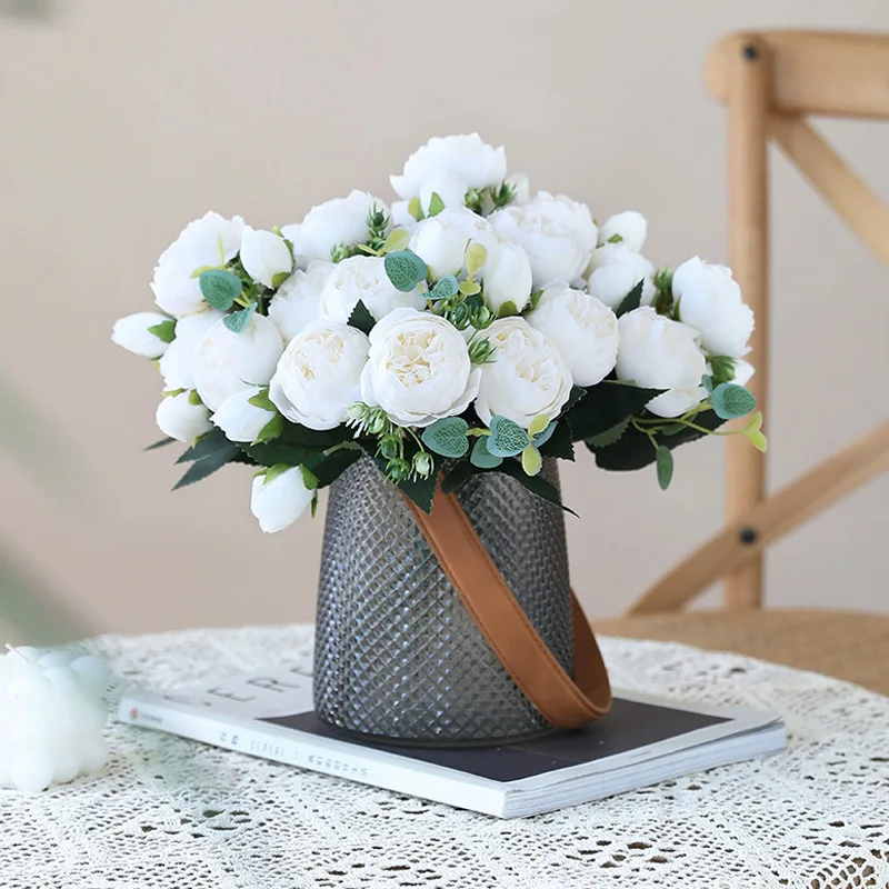 

Hot Selling 1pcs/30cm Rose Pink Silk Bouquet Peony Artificial Flower 5 Big Head 4 Small Bud Bride Wedding Home Decoration