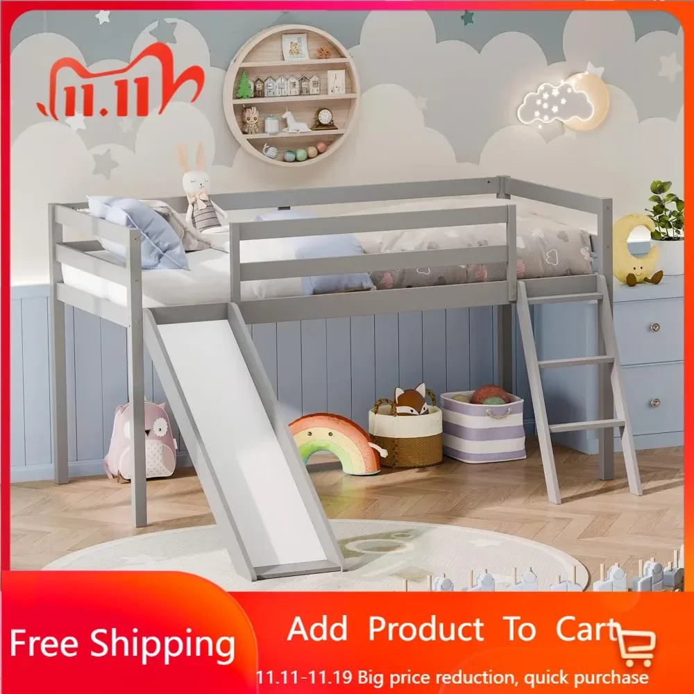 Twin Loft Bed with Slide and Ladder, Solid Pine Wood Bed Frame for Kids, Toddlers, with Storage Space, Low Height Design