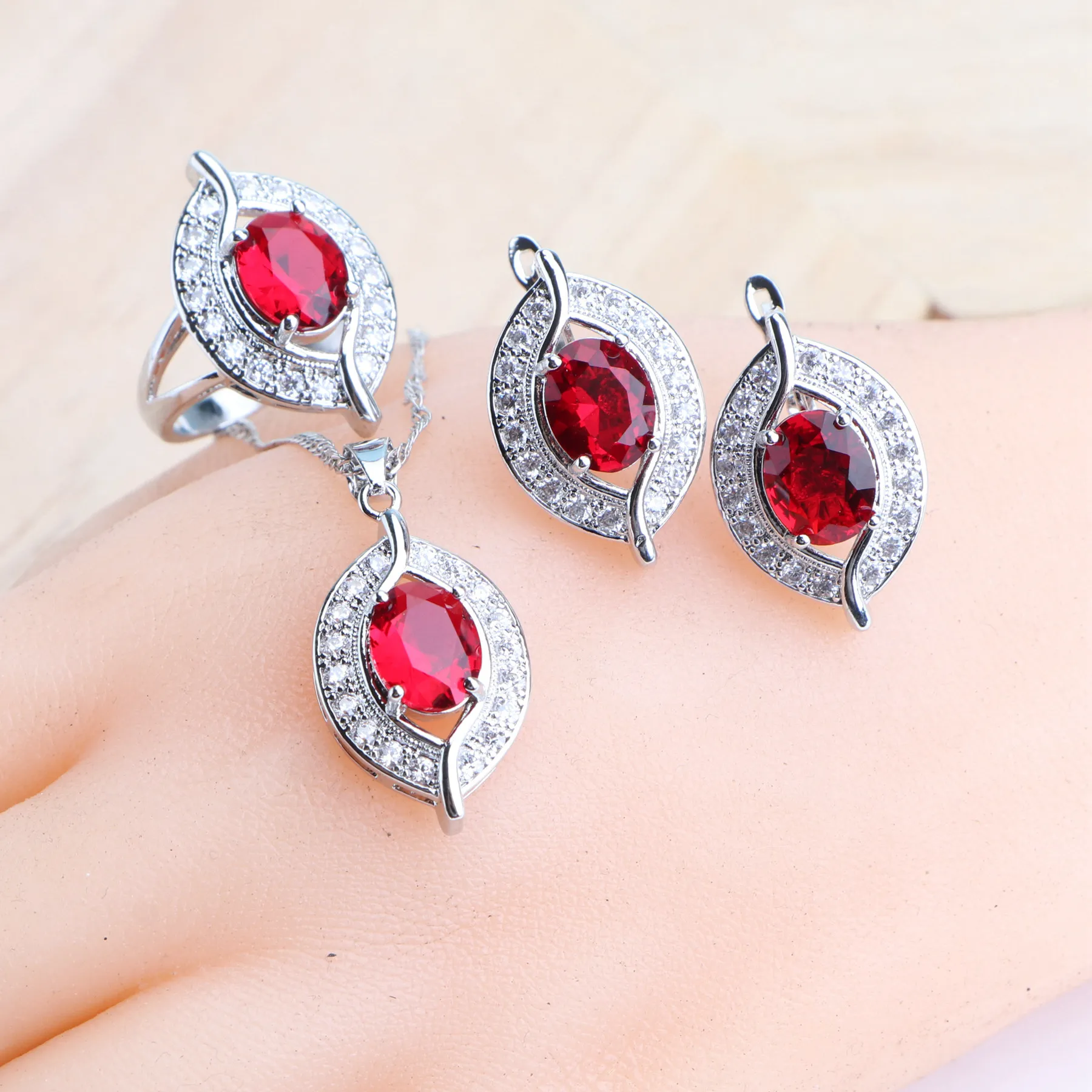 Wedding Jewelry Sets For Women 925 Sterling Silver Jewelry Ring Pendant Necklace Earrings Bracelets Bridal Red Zirconia Set