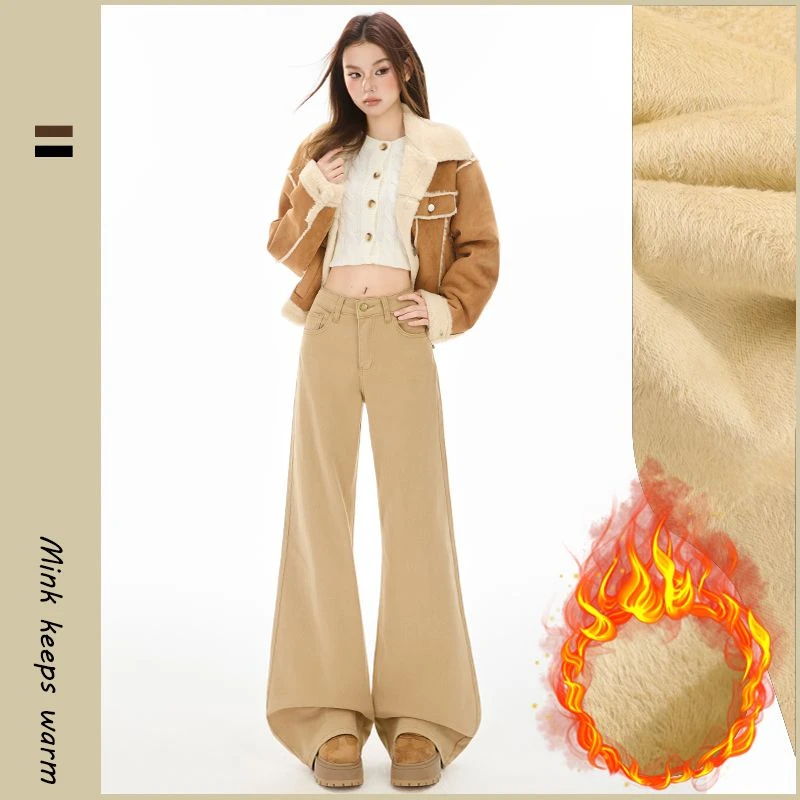 ZHISILAO New Winter Warm Flare Jeans Women Vintage Casual Chic Cotton Stretch Brown Full Length Denim Pants 2025