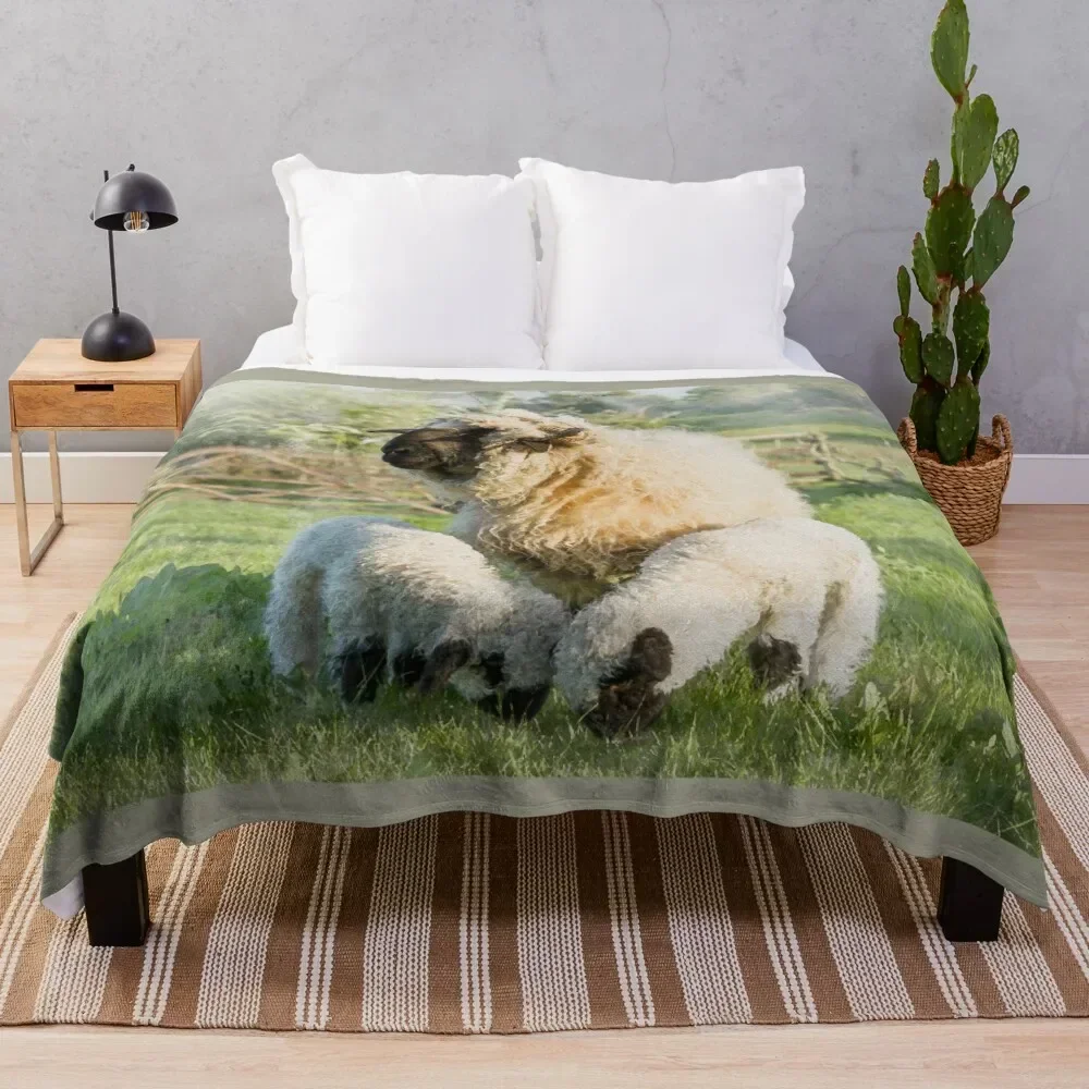 

Watercolour Photograph of Valais Blacknose Sheep and Her Twin Lambs Throw Blanket Luxury Brand halloween Blankets