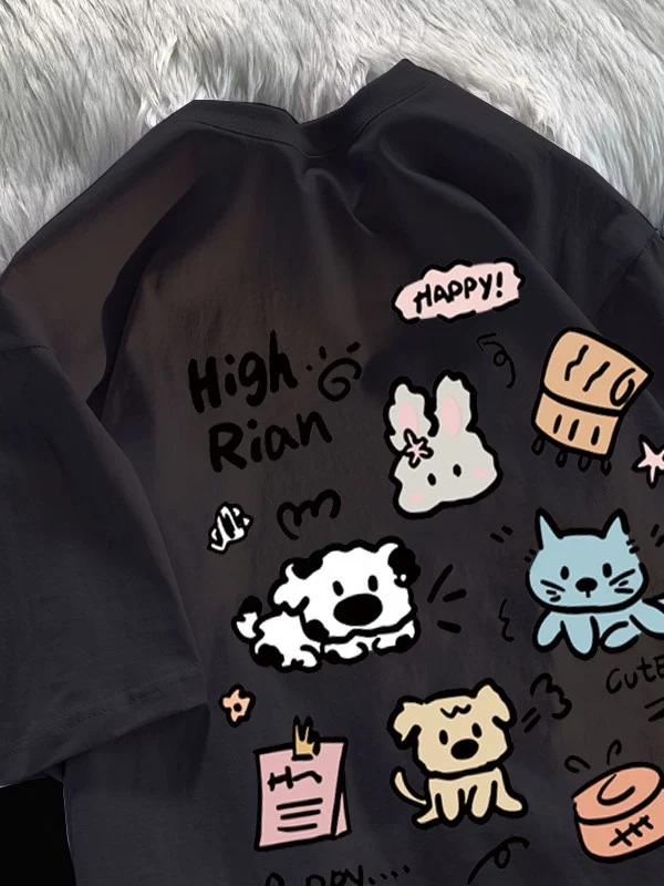 Cute Korean Style Animal Print T-Shirt Women Sweet Cartoon Cat Dog Bunny Graphic Tee Casual Loose O-Neck Short Sleeve Tshirt Top