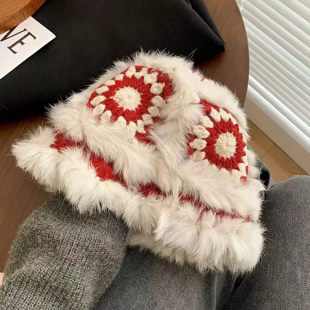 Stylish Rabbit Fur Crochet Bucket Hat Women Winter Warm Cute Plush Cap Big Head Casual Knitted Fisherman's Caps Fashion Panama
