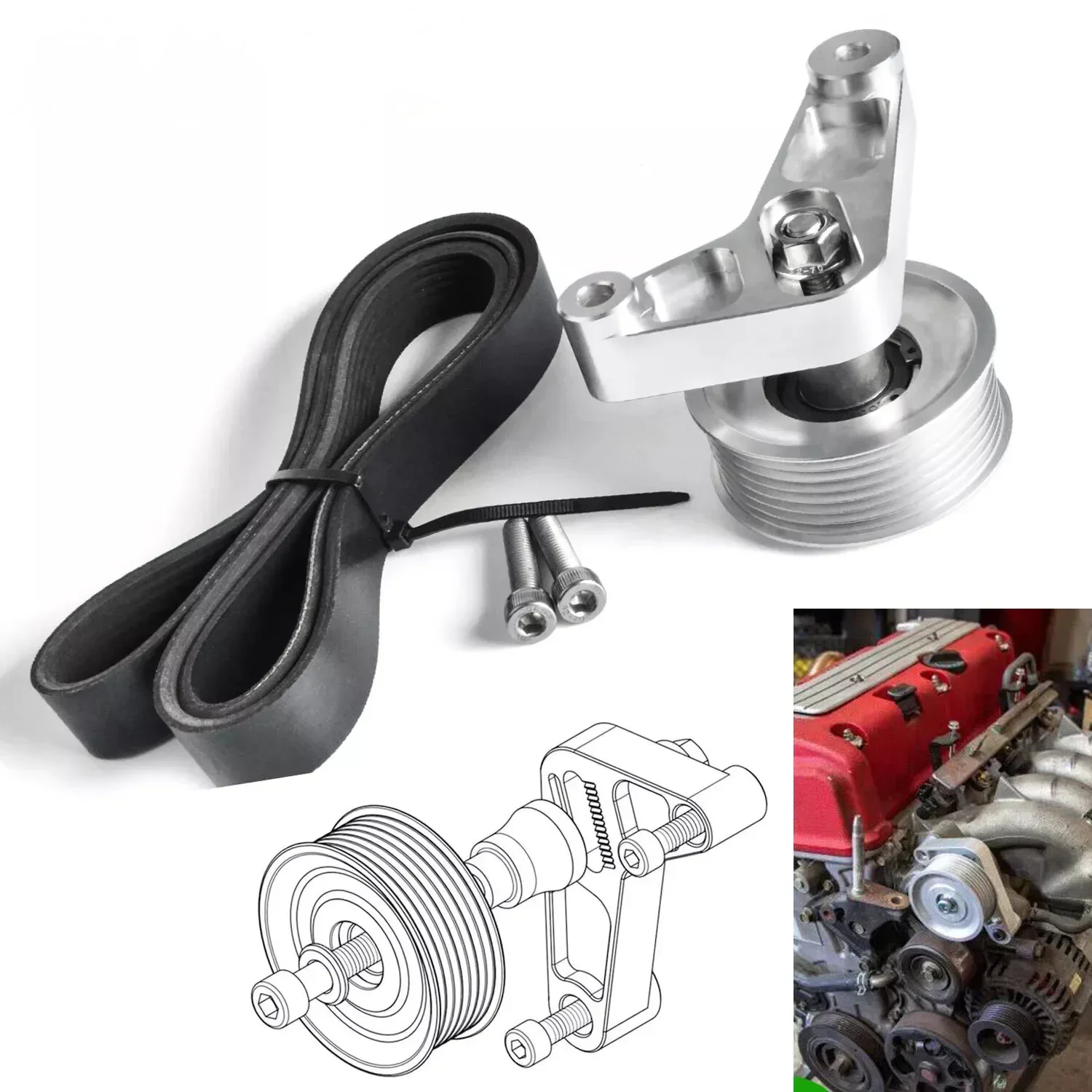 Idler Pulley Kit Aluminum EP3 Style Adjustable For K-Series  Honda Civic Integra K24 Swap w/ Belt