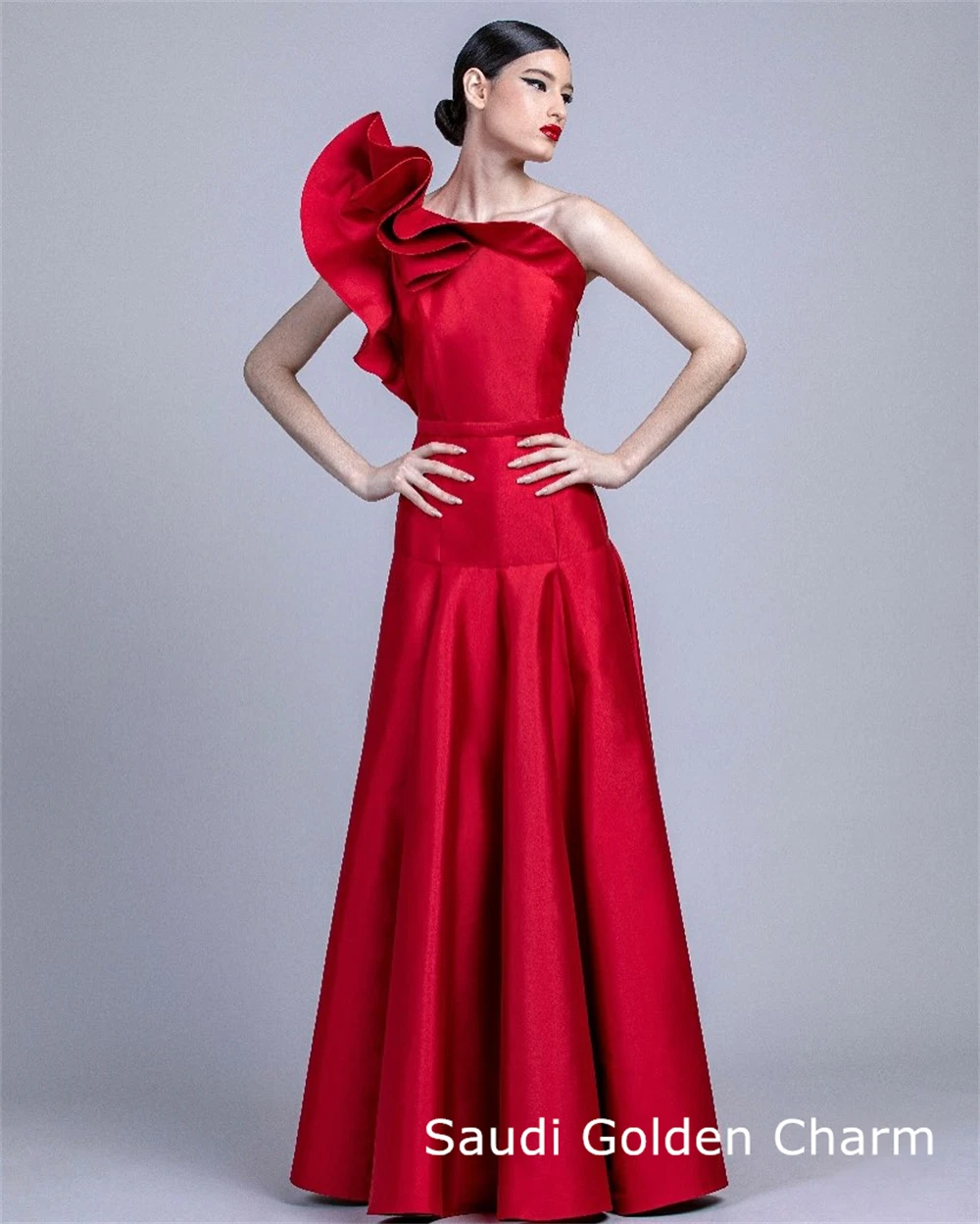 customizedCustomized Exquisite Red Satin Evening Dress Temperament One Shoulder Sleeveless Party Dress Fashion Floor Length Cele