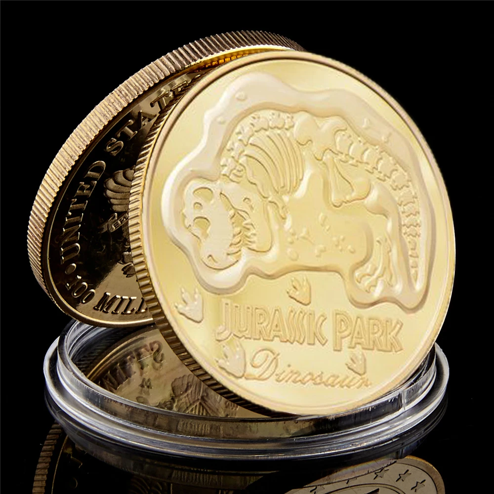 USA Jurassic Park Dinosaur Gold Plated Challenger Commemorative Coin Medal Gift Collectible