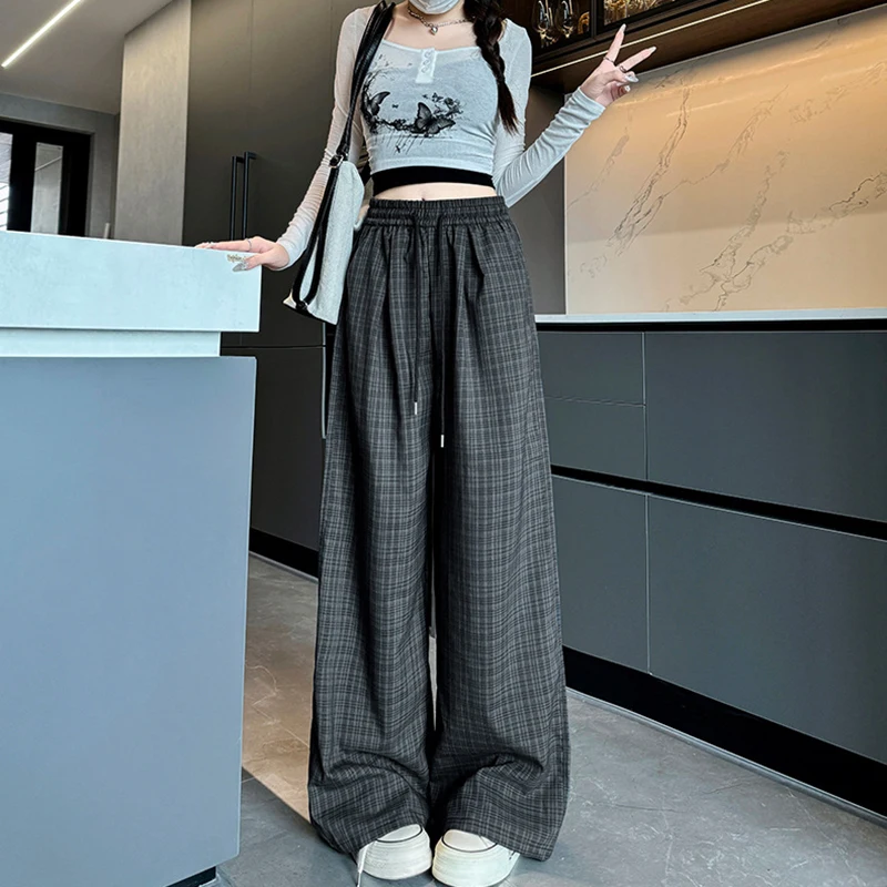 

Y2K Checkered Yamamoto Pants for Women's Summer Collection Lazy High Waisted Casual Pants Straight Leg Slim and Wide Leg Pants
