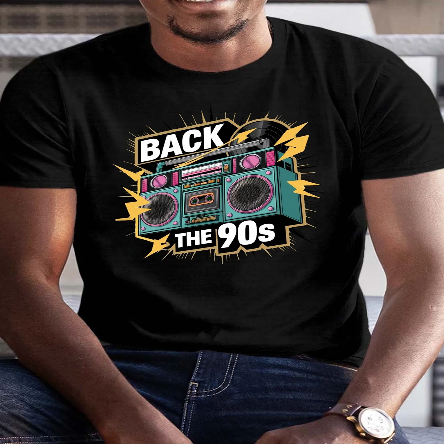 Men'S Retro Boombox Graphic Tee, 100 Polyester Crew Neck Short Sleeve T-Shirt, Casual Summer Knit Fabric Top with Geometric Pattern, Regular Fit - 150gsm Retro Graphic Shirt, Holiday Tshirt