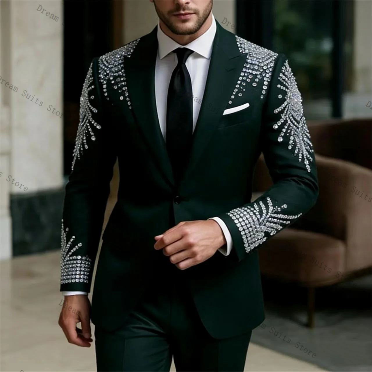 

Crystals Men Suit Set 2 Pcs Green Blazer+Pants Trousers Customized Spring Cotton Formal Office Jacket Wedding Tuxedos Prom Coat