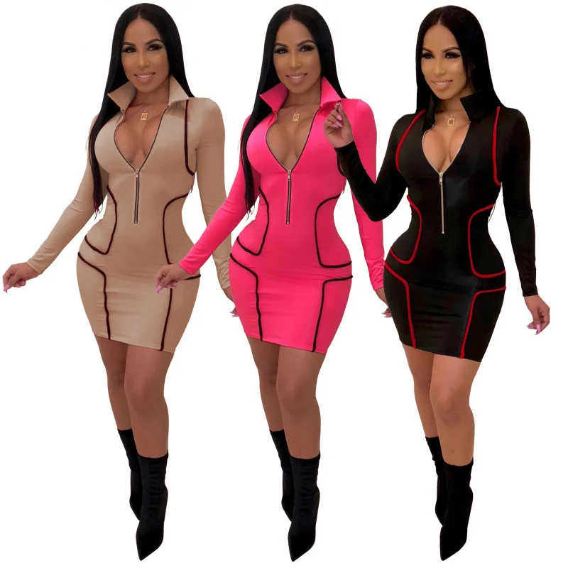 2018Winter Amazon Standard Size Europe and America Cross Border Hot FashionVWomen's Collar Midi Dress Sexy One-Piece Dress