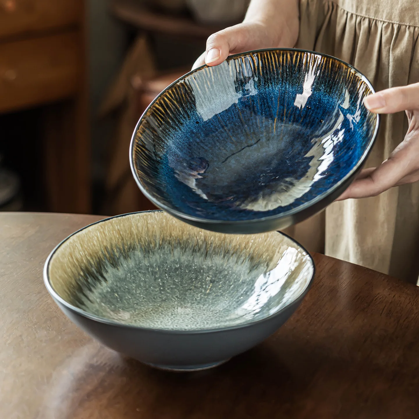 

Винтажная керамическая миска с глазурью, круглая большая миска с открытым ртом, посуда для домашнего использования, миска для салата-рамэна