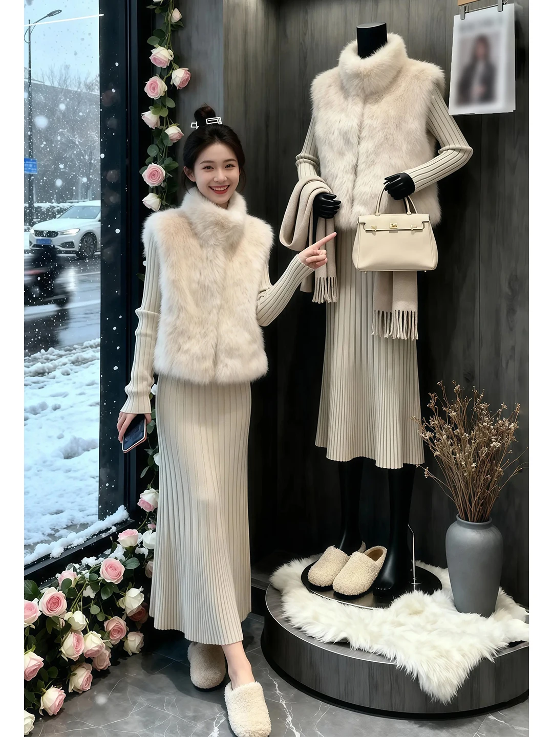 

Мягкий комплект из двух предметов: жилет из искусственного меха и модный женский костюм с высокой талией, прямые брюки и длинный рукав для зимы