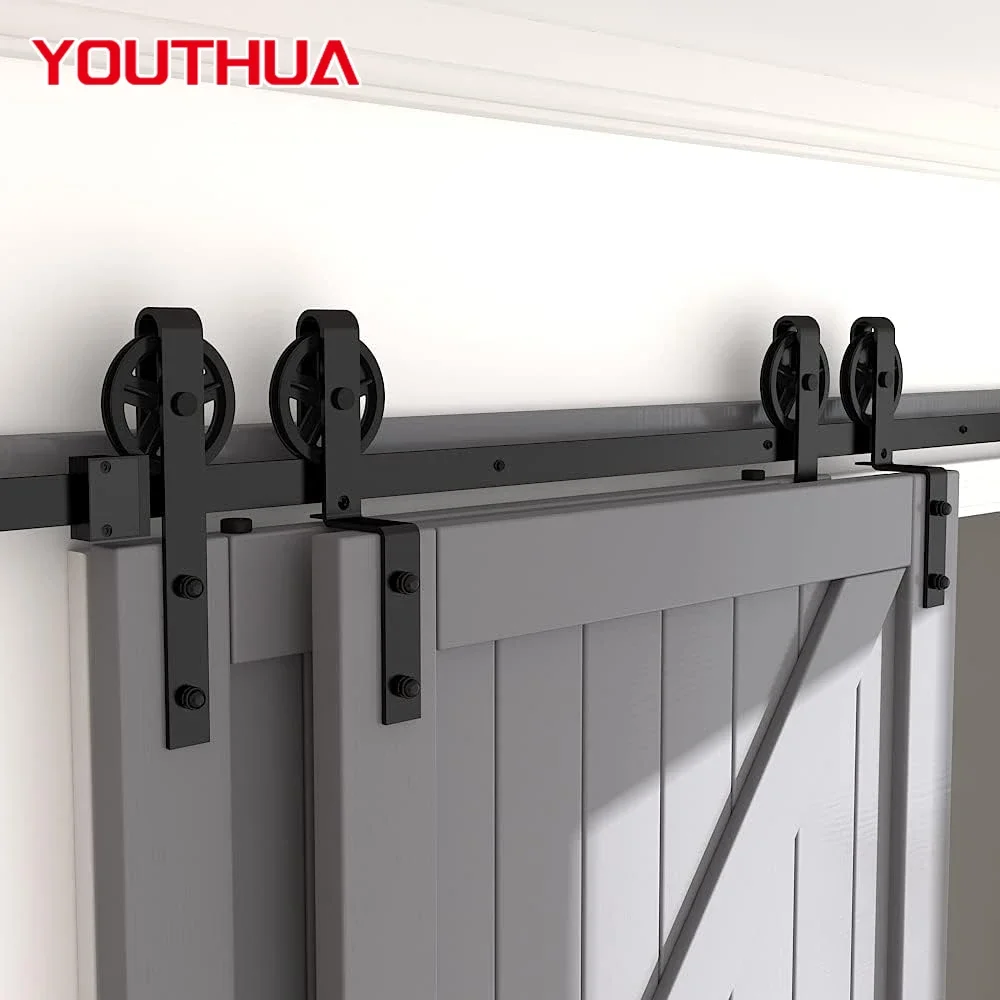 YOUTHUA Bypass Sliding Wood Barn Door Hardware Kit with Big Wheel Load up to 150kg Slides Tracks Rollers for Double Door