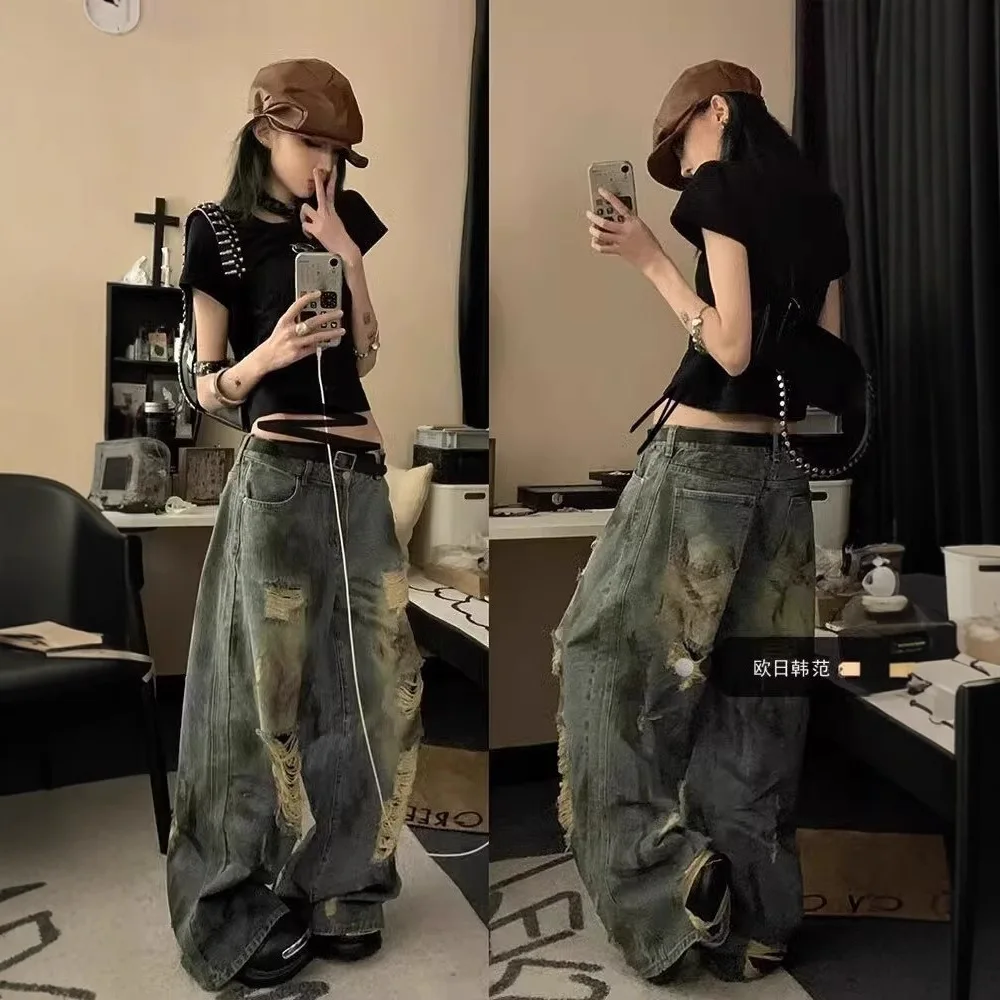 

2026 Summer Women's American Retro Wasteland Style Splatter Paint Ripped Jeans Washed Draped Straight Leg Floor-Length Pants