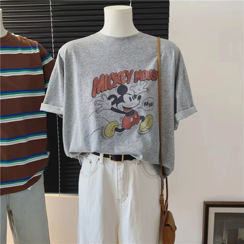 디즈니 만화 프린트 얇은 반팔 티셔츠 여름 루즈 캐주얼 탑 트렌디 남성과 여성 커플 스트리트 소년과 소녀