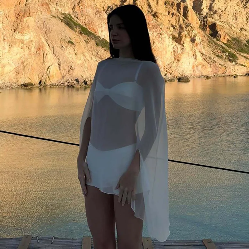 DSMTRC moda verano gasa ropa de playa transparente manga de murciélago sólido suelto cubrir vestido para mujeres media manga Mini vestidos