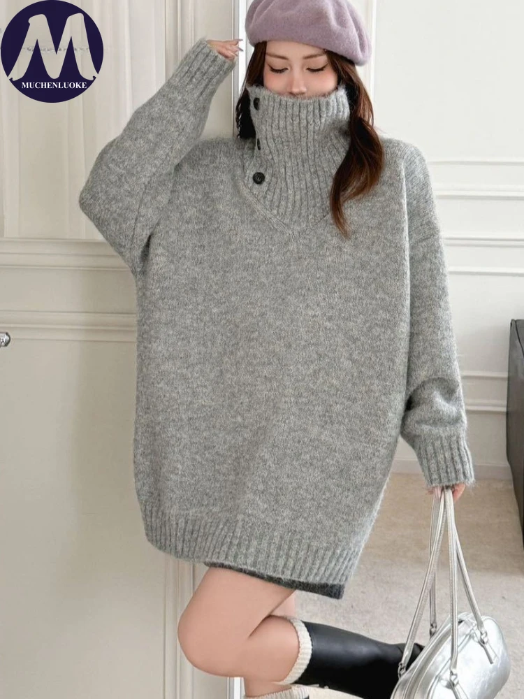 

Свитер для женщин, осень-зима, ленивый стиль, вязаный свитер на пуговицах с высоким воротом, корейский модный повседневный свободный толстый теплый пуловер