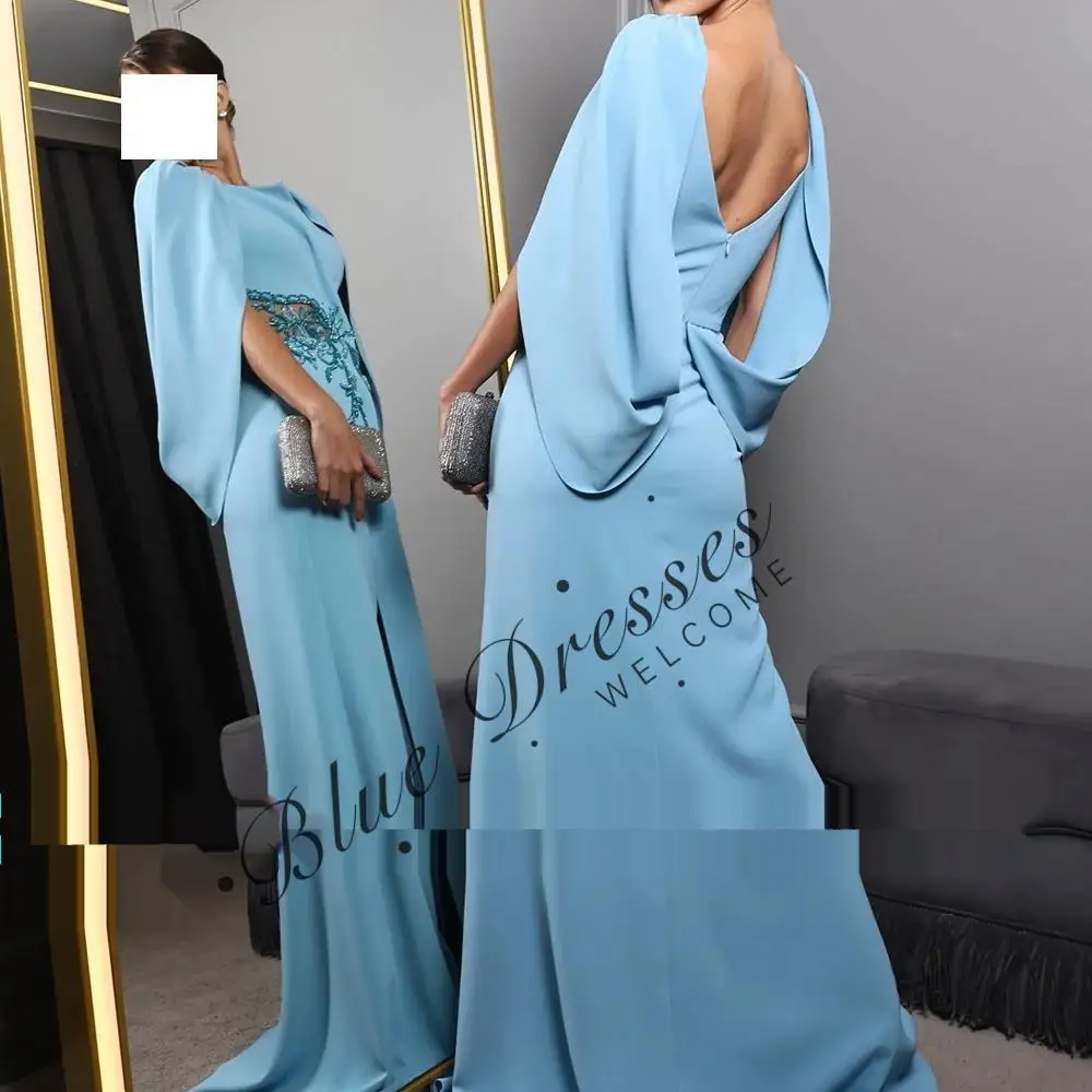 

Customized Sky Blue Jersey and Appliques with Sequined for Lace Evening Dress Mermaid O-Neck 3/4 Sleeves Zipper Back