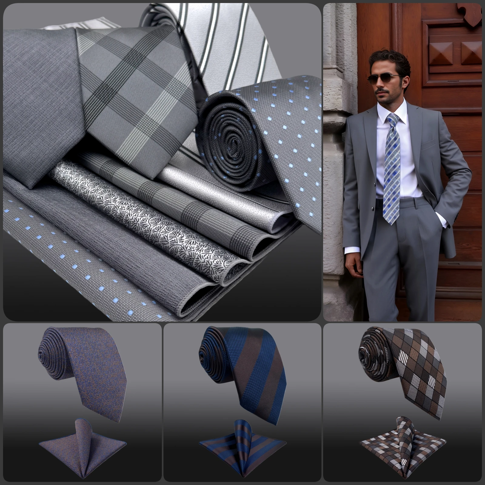 Men's Pocket Square Necktie Set Brown Chocolate Business Acceossories Fashion Extra Long Tie Hanky Set XL 160cm Formal Gravatas